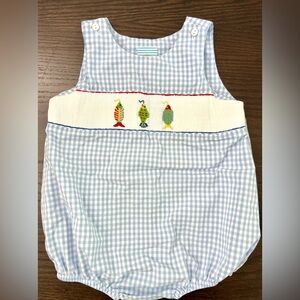 Smocked Blue Gingham Baby Romper with Fish Embroidery